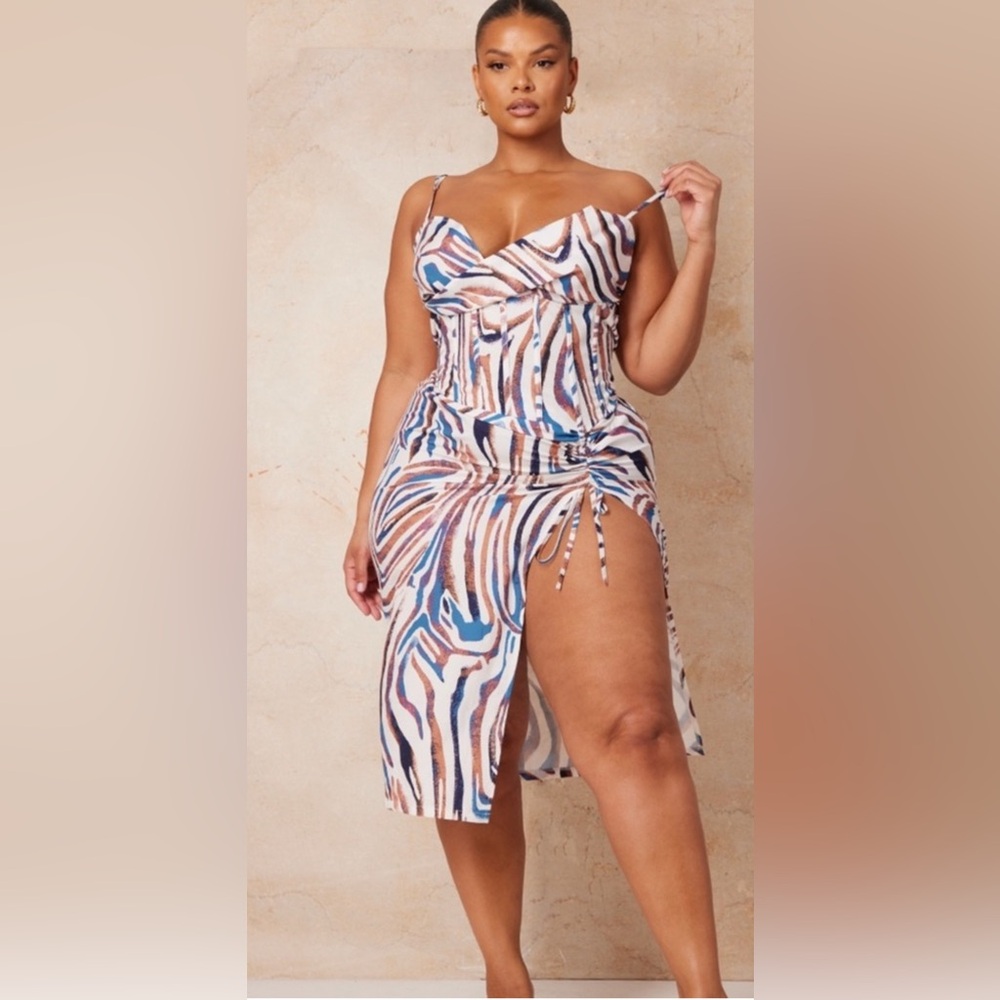 PrettyLittleThing Plus Blue Zebra Print cowl Ruched Side Midi Dress NWT bodycon